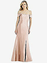 Side View Thumbnail - Cameo Off-the-Shoulder Bow-Back Satin Trumpet Gown
