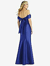 Rear View Thumbnail - Cobalt Blue Off-the-Shoulder Bow-Back Satin Trumpet Gown