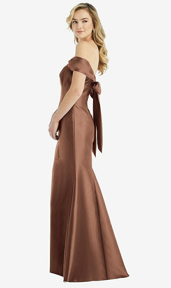 Front View - Cognac Off-the-Shoulder Bow-Back Satin Trumpet Gown