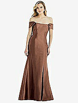 Side View Thumbnail - Cognac Off-the-Shoulder Bow-Back Satin Trumpet Gown