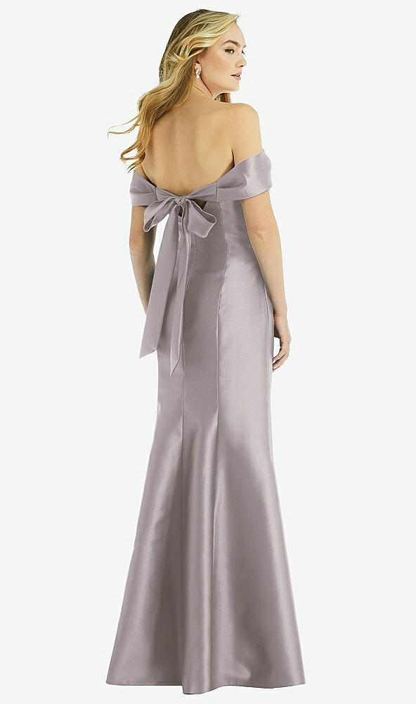 Back View - Cashmere Gray Off-the-Shoulder Bow-Back Satin Trumpet Gown