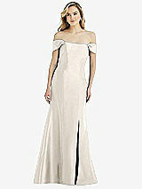 Side View Thumbnail - Ivory Off-the-Shoulder Bow-Back Satin Trumpet Gown