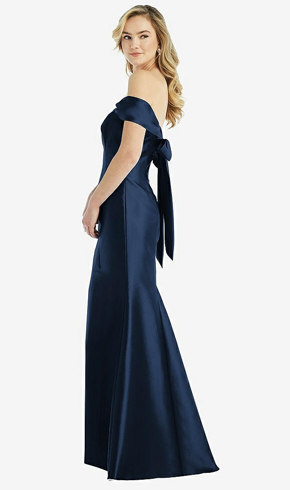Front View - Midnight Navy Off-the-Shoulder Bow-Back Satin Trumpet Gown