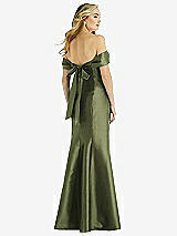 Rear View Thumbnail - Olive Green Off-the-Shoulder Bow-Back Satin Trumpet Gown