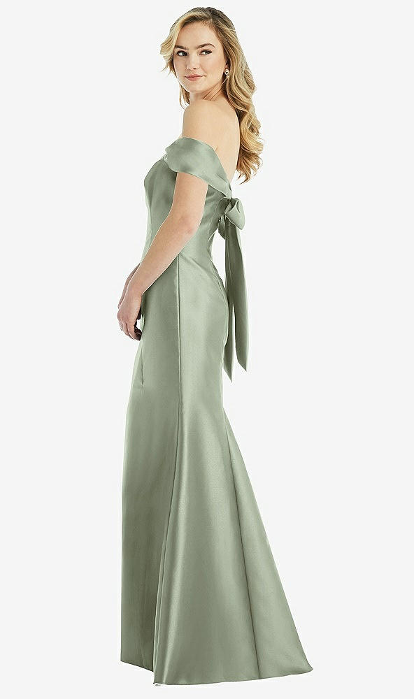 Front View - Sage Off-the-Shoulder Bow-Back Satin Trumpet Gown