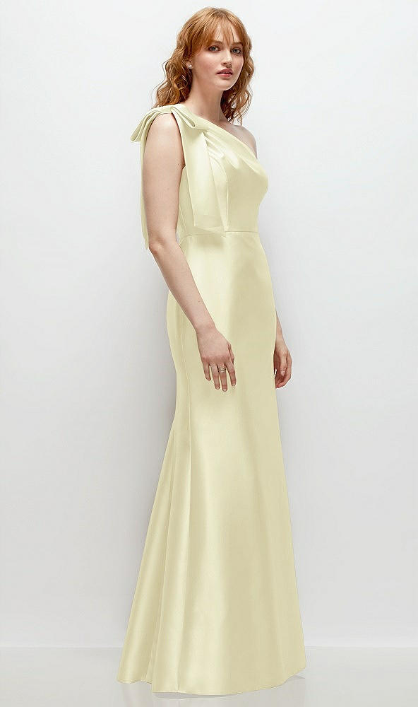 Back View - Butter Yellow Bow One-Shoulder Satin Trumpet Gown