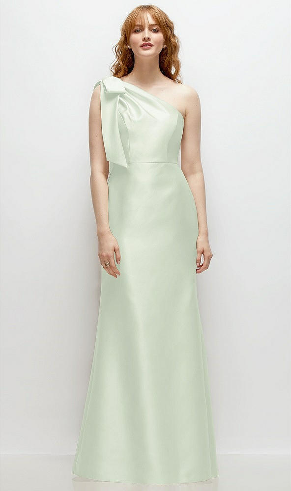 Front View - Mint Green Bow One-Shoulder Satin Trumpet Gown