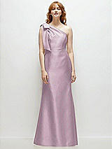 Front View Thumbnail - Suede Rose Bow One-Shoulder Satin Trumpet Gown