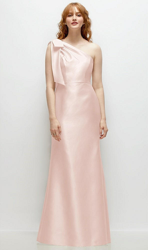 Front View - Blush Bow One-Shoulder Satin Trumpet Gown