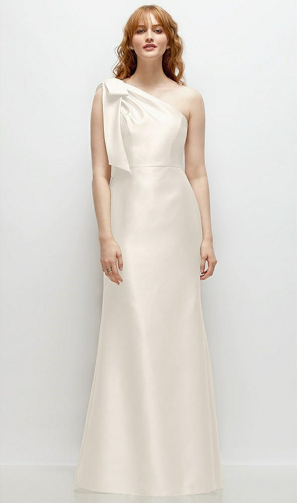 Front View - Ivory Bow One-Shoulder Satin Trumpet Gown