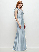 Rear View Thumbnail - Mist Bow One-Shoulder Satin Trumpet Gown