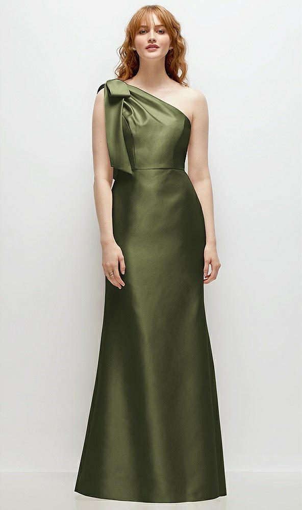 Front View - Olive Green Bow One-Shoulder Satin Trumpet Gown