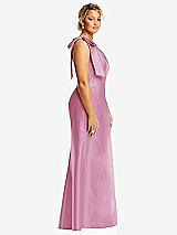 Alt View 5 Thumbnail - Powder Pink Bow One-Shoulder Satin Trumpet Gown