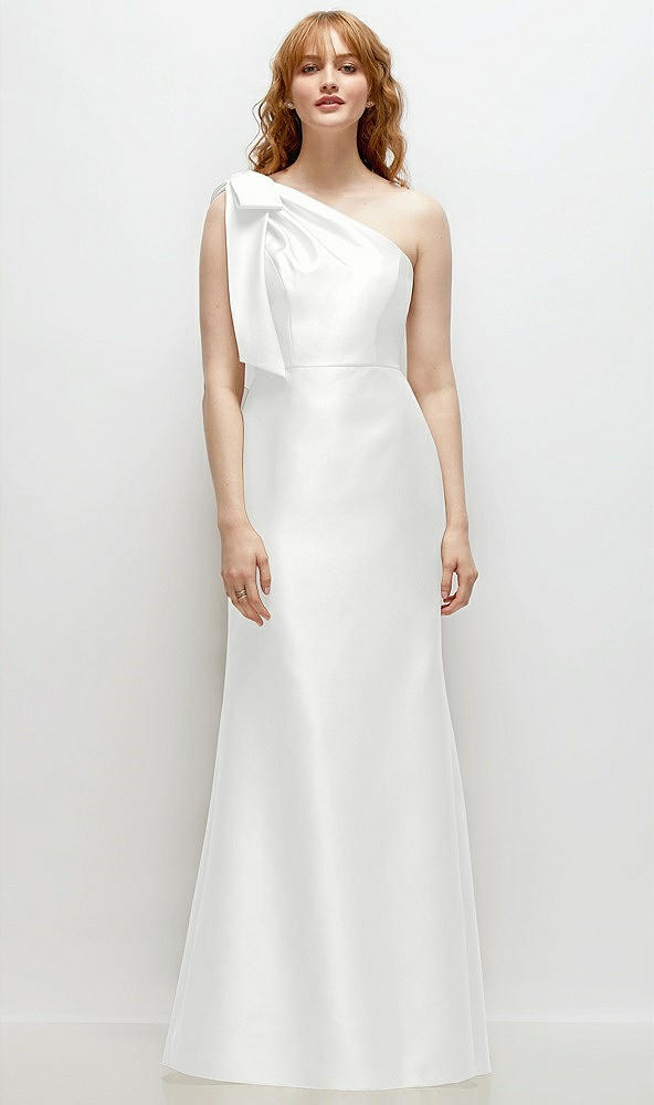 Front View - White Bow One-Shoulder Satin Trumpet Gown