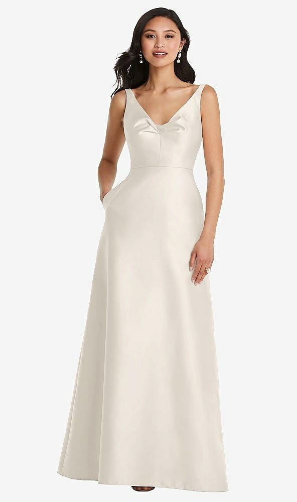 Front View - Ivory Pleated Bodice Open-Back Maxi Dress with Pockets