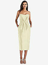 Front View Thumbnail - Butter Yellow Strapless Bow-Waist Pleated Satin Pencil Dress with Pockets