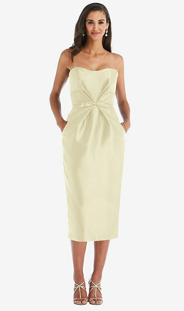 Front View - Butter Yellow Strapless Bow-Waist Pleated Satin Pencil Dress with Pockets