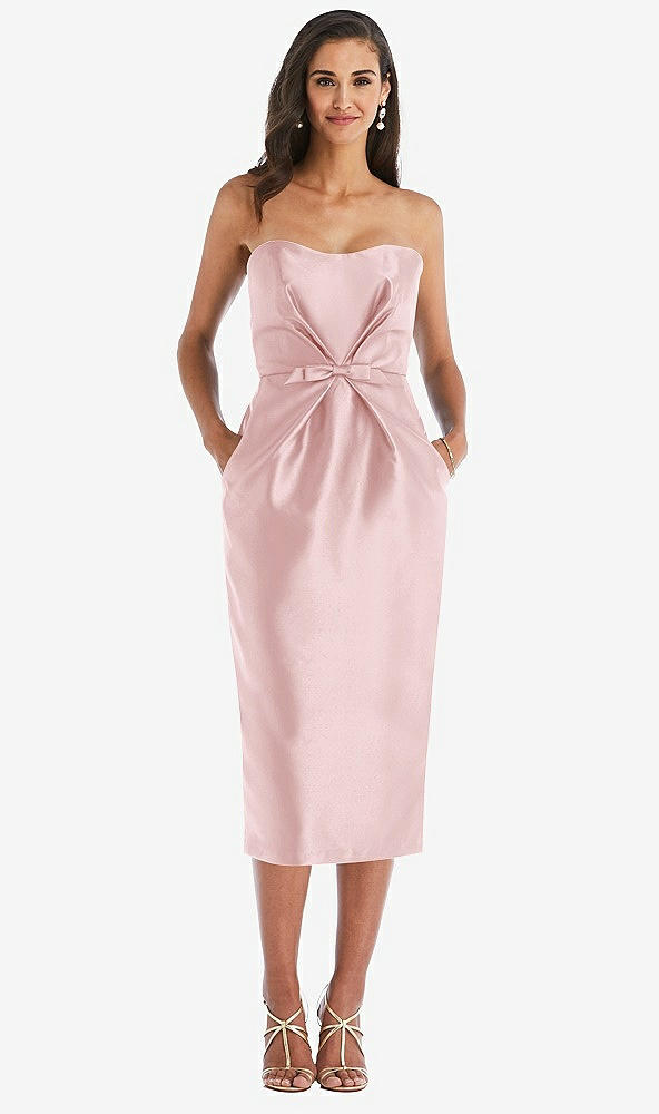Front View - Ballet Pink Strapless Bow-Waist Pleated Satin Pencil Dress with Pockets
