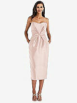 Front View Thumbnail - Blush Strapless Bow-Waist Pleated Satin Pencil Dress with Pockets