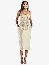 Front View Thumbnail - Champagne Strapless Bow-Waist Pleated Satin Pencil Dress with Pockets