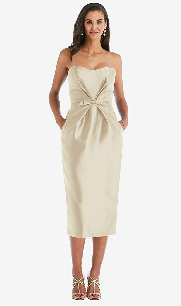 Front View - Champagne Strapless Bow-Waist Pleated Satin Pencil Dress with Pockets