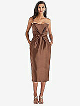 Front View Thumbnail - Cognac Strapless Bow-Waist Pleated Satin Pencil Dress with Pockets