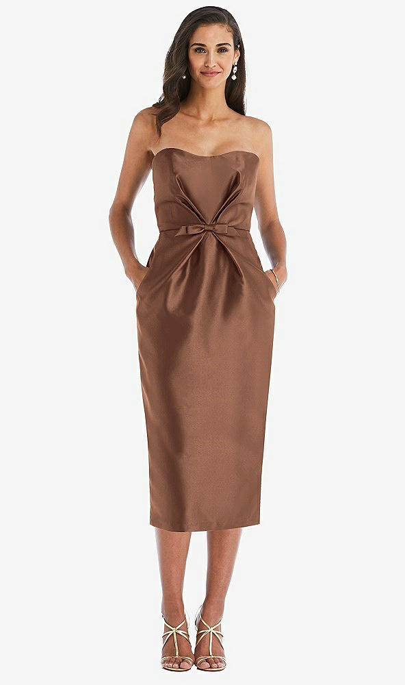 Front View - Cognac Strapless Bow-Waist Pleated Satin Pencil Dress with Pockets