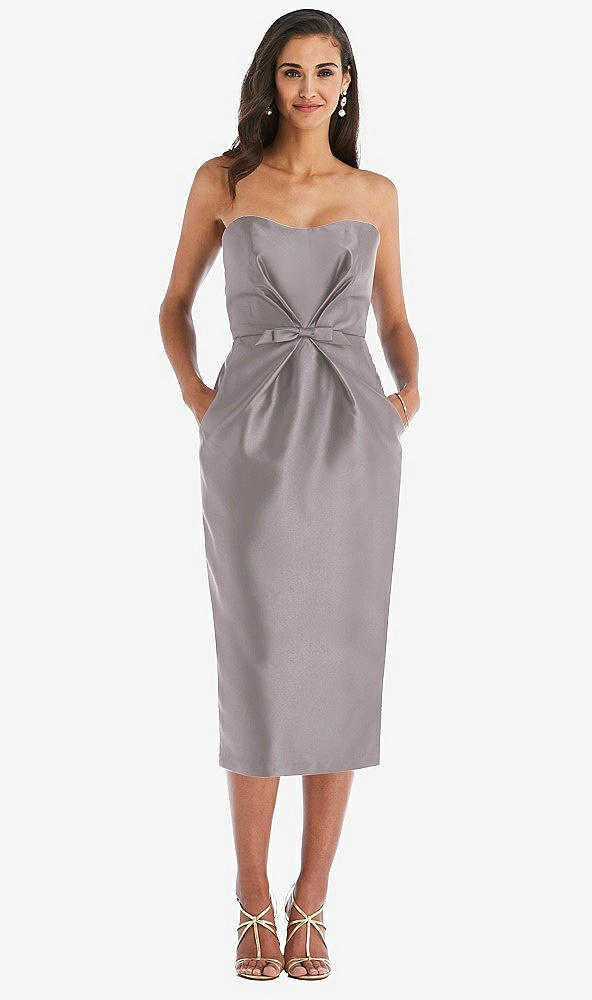 Front View - Cashmere Gray Strapless Bow-Waist Pleated Satin Pencil Dress with Pockets