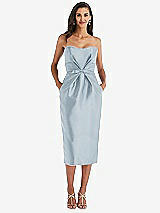 Front View Thumbnail - Mist Strapless Bow-Waist Pleated Satin Pencil Dress with Pockets