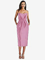 Front View Thumbnail - Powder Pink Strapless Bow-Waist Pleated Satin Pencil Dress with Pockets