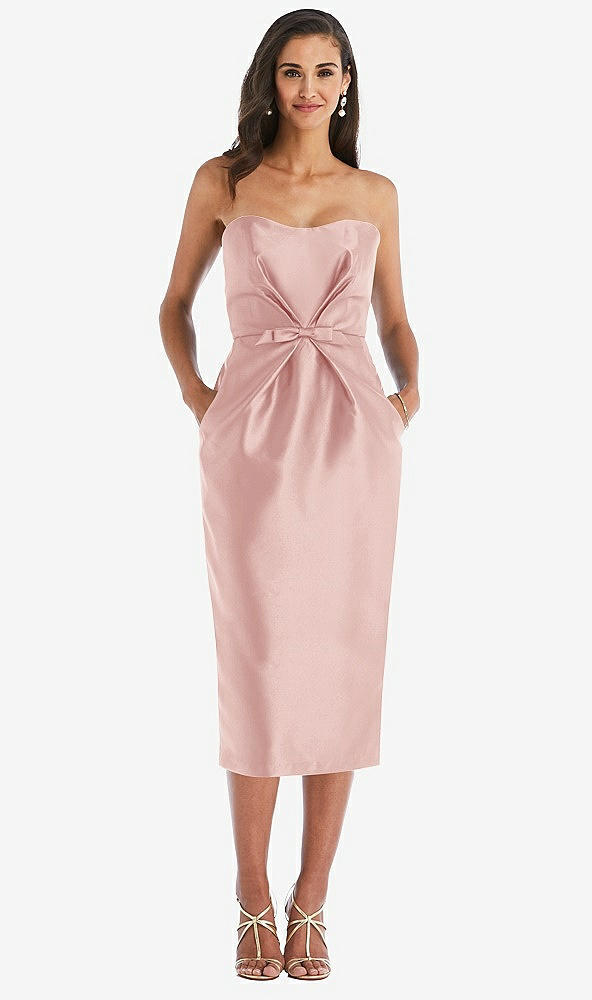 Front View - Rose Strapless Bow-Waist Pleated Satin Pencil Dress with Pockets