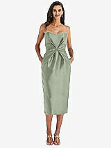 Front View Thumbnail - Sage Strapless Bow-Waist Pleated Satin Pencil Dress with Pockets