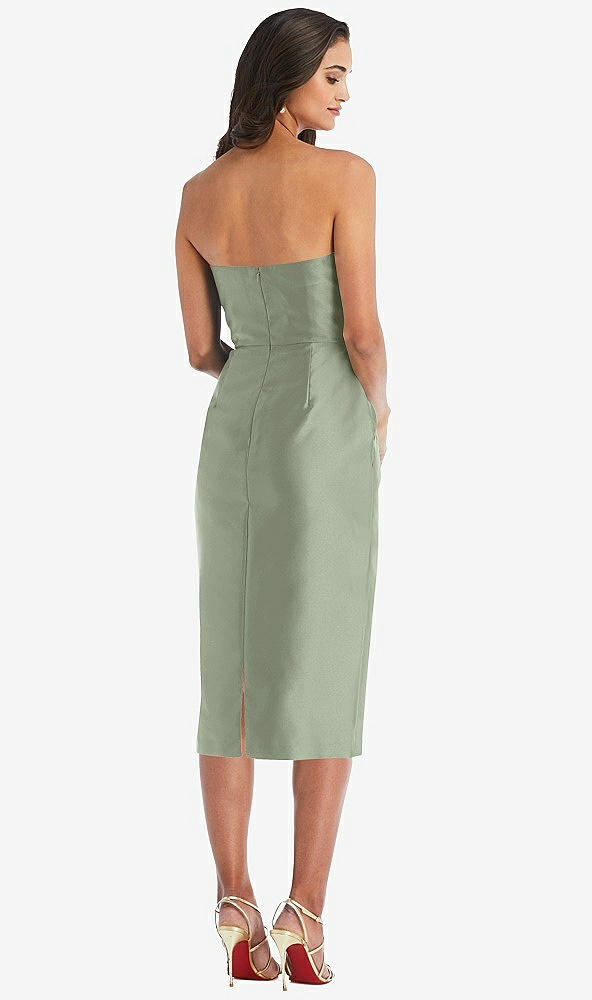 Back View - Sage Strapless Bow-Waist Pleated Satin Pencil Dress with Pockets