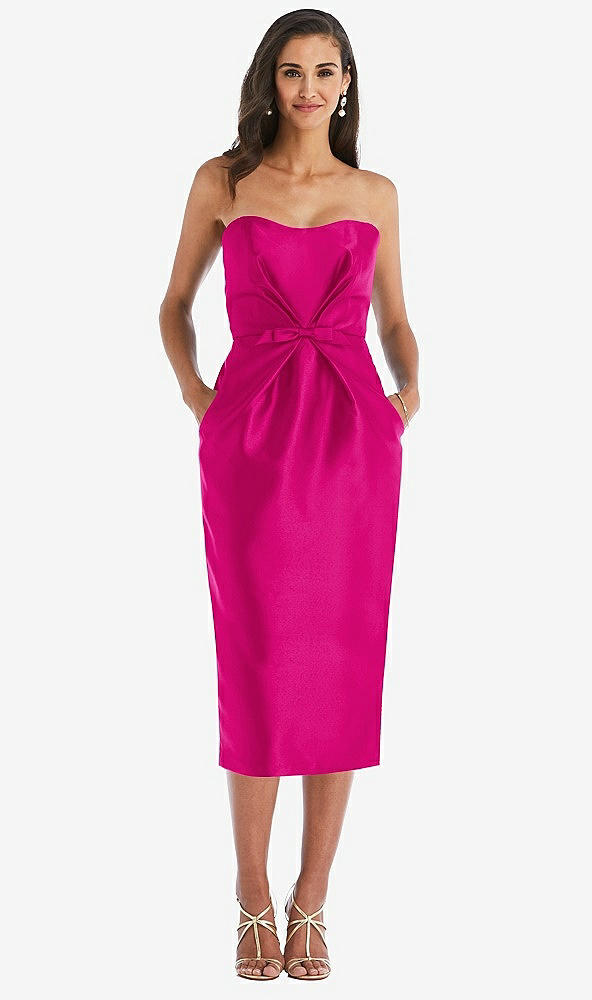Front View - Think Pink Strapless Bow-Waist Pleated Satin Pencil Dress with Pockets