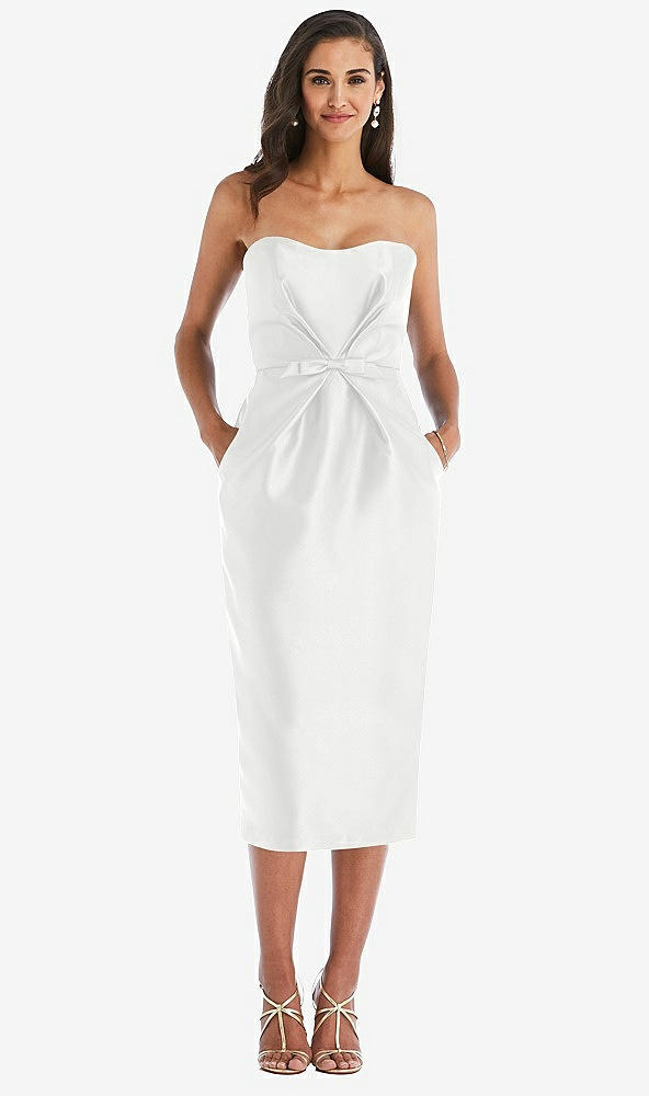 Front View - White Strapless Bow-Waist Pleated Satin Pencil Dress with Pockets