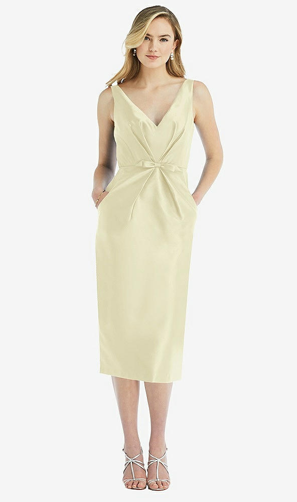 Front View - Butter Yellow Sleeveless Bow-Waist Pleated Satin Pencil Dress with Pockets
