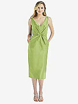 Front View Thumbnail - Mojito Sleeveless Bow-Waist Pleated Satin Pencil Dress with Pockets