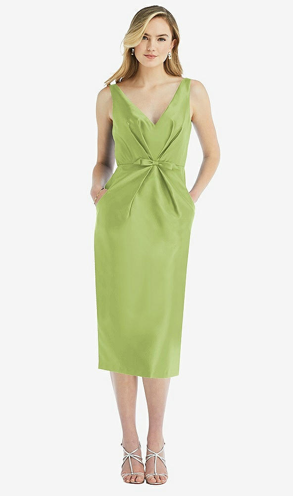 Front View - Mojito Sleeveless Bow-Waist Pleated Satin Pencil Dress with Pockets