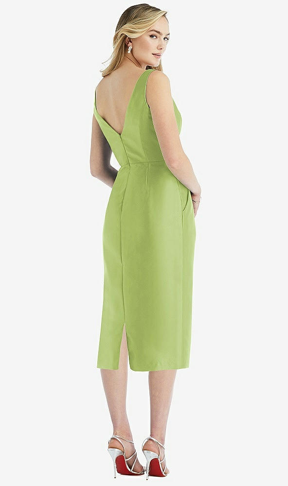 Back View - Mojito Sleeveless Bow-Waist Pleated Satin Pencil Dress with Pockets