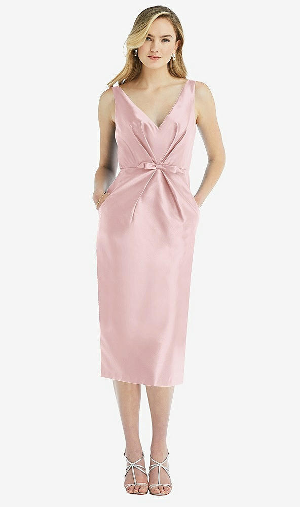 Front View - Ballet Pink Sleeveless Bow-Waist Pleated Satin Pencil Dress with Pockets