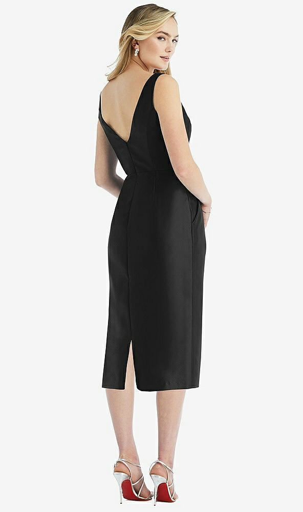 Back View - Black Sleeveless Bow-Waist Pleated Satin Pencil Dress with Pockets