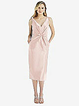 Front View Thumbnail - Blush Sleeveless Bow-Waist Pleated Satin Pencil Dress with Pockets