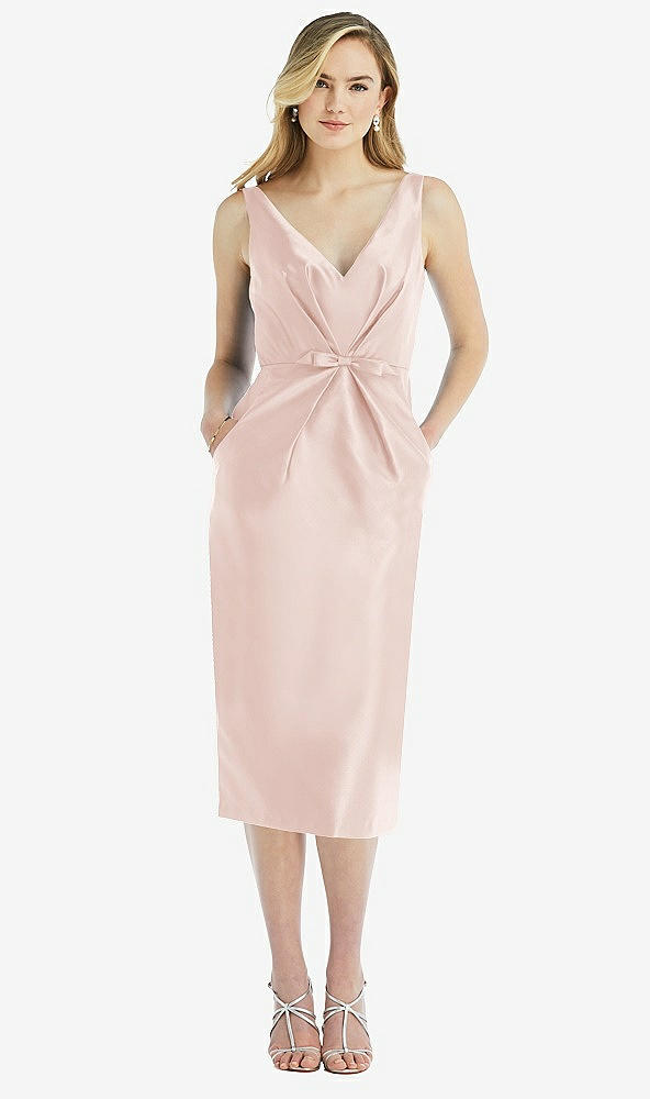 Front View - Blush Sleeveless Bow-Waist Pleated Satin Pencil Dress with Pockets