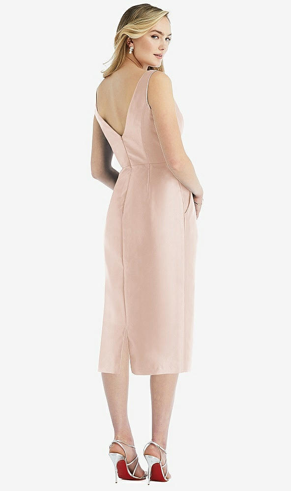 Back View - Cameo Sleeveless Bow-Waist Pleated Satin Pencil Dress with Pockets
