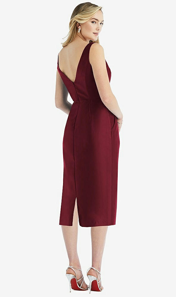 Back View - Cabernet Sleeveless Bow-Waist Pleated Satin Pencil Dress with Pockets