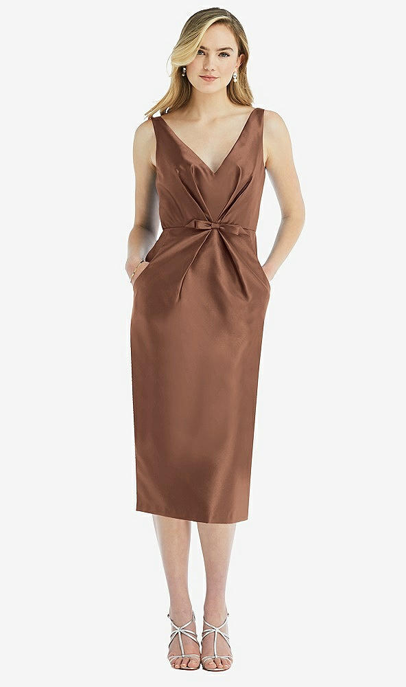 Front View - Cognac Sleeveless Bow-Waist Pleated Satin Pencil Dress with Pockets