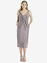 Front View Thumbnail - Cashmere Gray Sleeveless Bow-Waist Pleated Satin Pencil Dress with Pockets