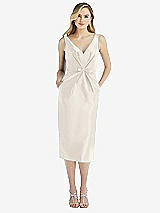 Front View Thumbnail - Ivory Sleeveless Bow-Waist Pleated Satin Pencil Dress with Pockets