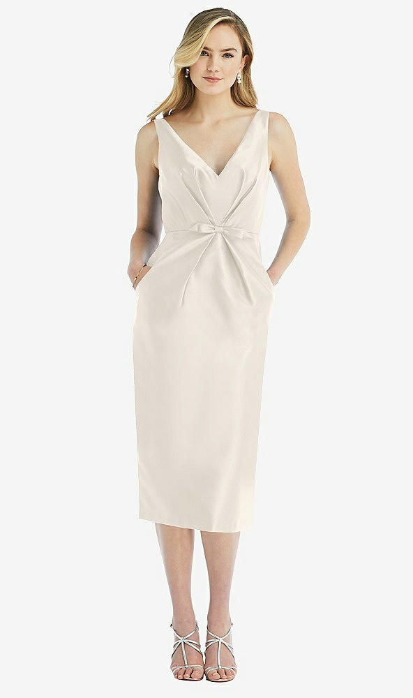 Front View - Ivory Sleeveless Bow-Waist Pleated Satin Pencil Dress with Pockets