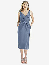 Front View Thumbnail - Larkspur Blue Sleeveless Bow-Waist Pleated Satin Pencil Dress with Pockets